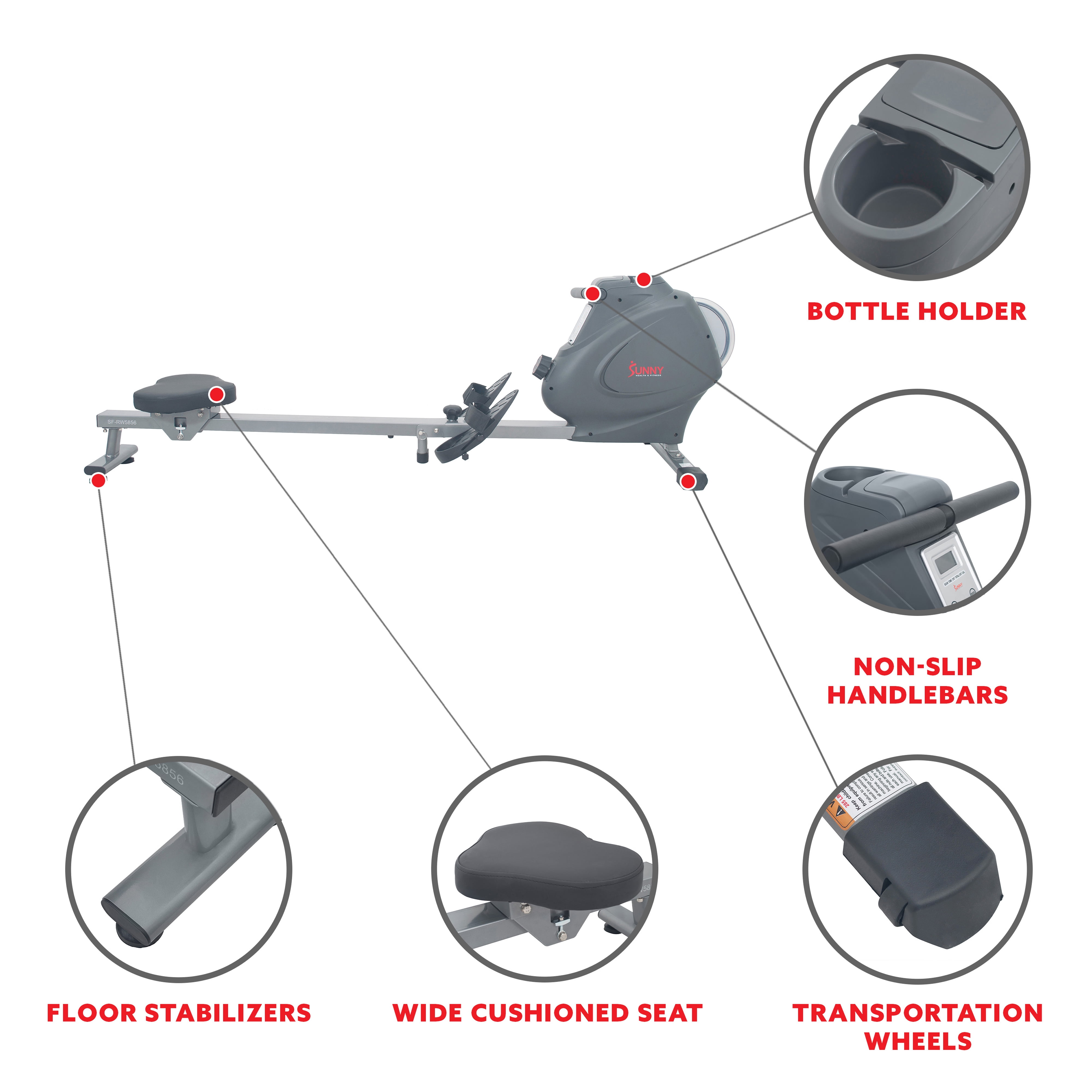 Sunny Health & Fitness Magnetic Rowing Machine Rower, LCD Monitor with Device Holder - SF-RW5856