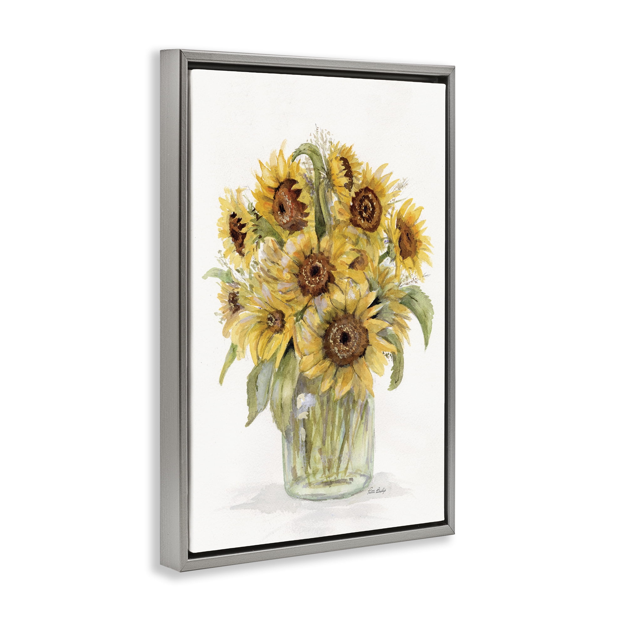 Stupell Industries Sunflower Jar Bouquet Botanical & Floral Painting Gray Floater Framed Art Print Wall Art, 17 x 25