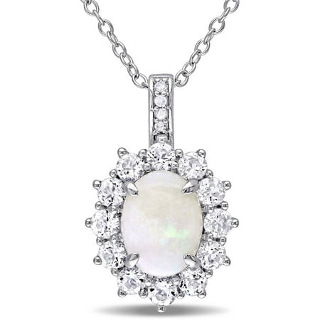 2 Carat T.G.W. Opal and White Topaz with Diamond-Accent Sterling Silver Halo Pendant, 18