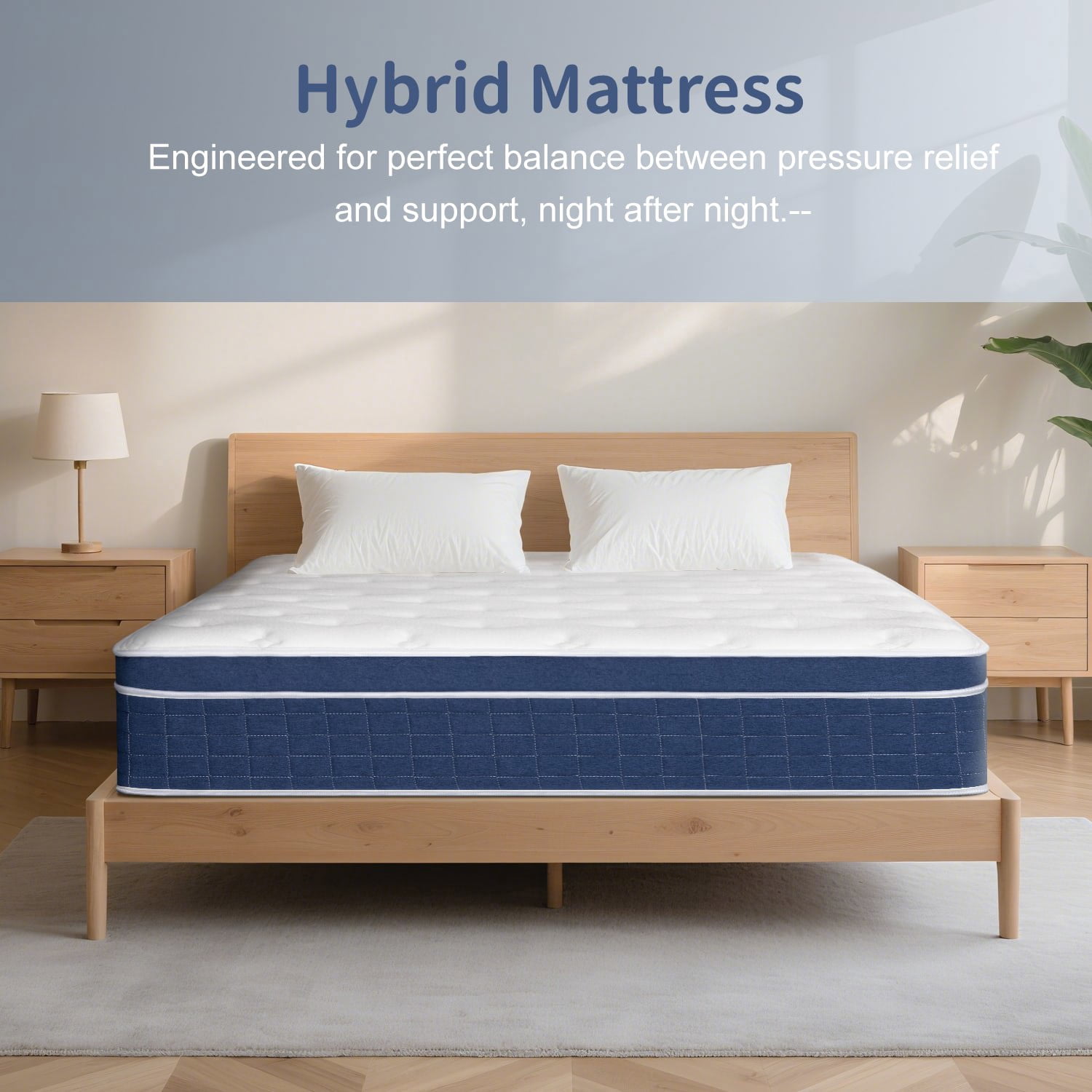 Resenkos King Size Mattress Box 14 Inch Memory Foam Hybrid With Pocketed Springs, Edge Support & Motion Isolation, Medium-Firm for Sleep Comfort, White And Blue