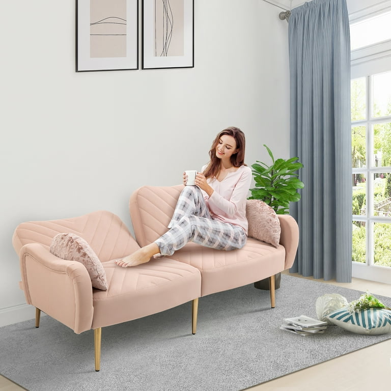 Pink Velvet Sofa Bed, 2-Seater, Adjustable Back, Gold Legs, Modern