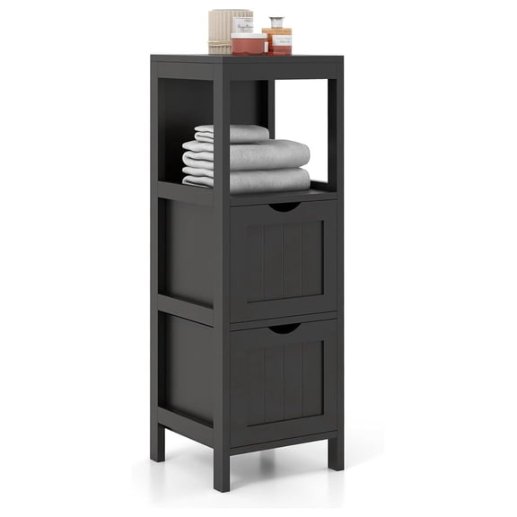 Bathroom Floor Cabinet, Multifunctional Floor Storage Cabinet with 2 Removable Drawers, Modern Bathroom Cabinet with Anti-toppling Strap, 12 x 12 x 35 inches (Black)