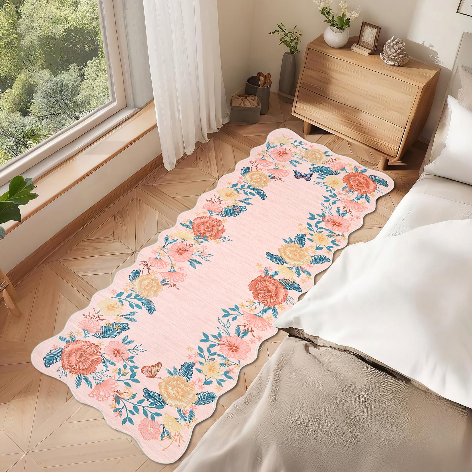 Garvee 2'x6' Runner Rugs Washable Foldable Print Rug, Non-Slip Low Pile Rug Distressed Indoor Floral Rugs for Hallway, Laundry Room, Farmhouse Kitchen Mat, Pink