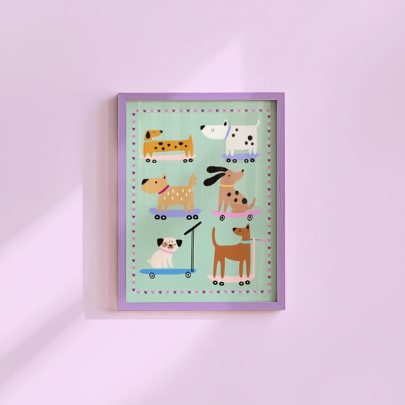 Dogs Skateboarding Wall Art Cute Puppy Nursery Decor, Unframed Paper Print Size 8x12