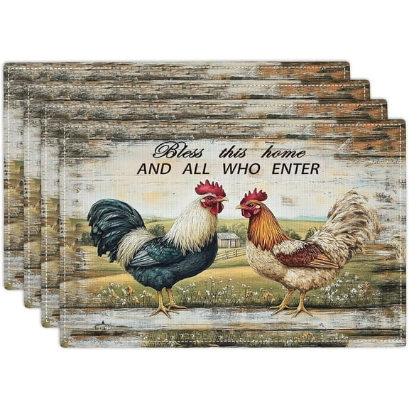 Farmhouse Chicken Placemats Set of 4, Rustic Rooster Place Mats Retro Chicken Table Mats for Kitchen Dining Room Restaurant 18"x12"