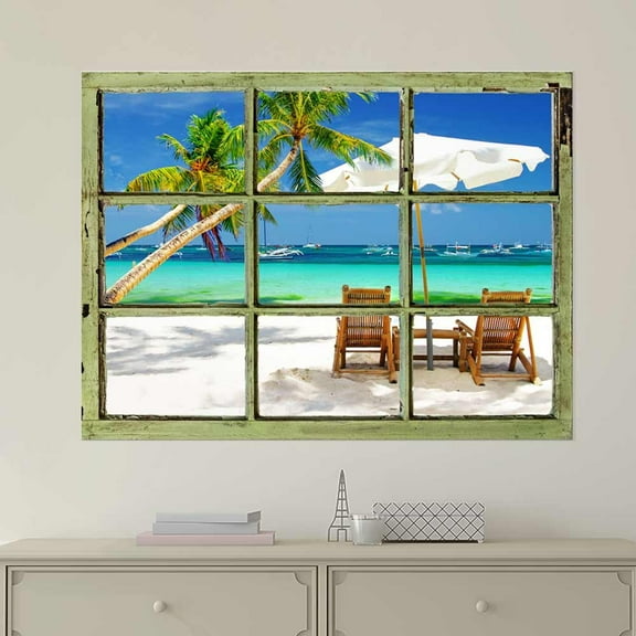 Window View Wall Mural - Tropical Holiday Resort with Beach and Palm Trees - Vintage Style Wall Decor - Peel and Stick Adhesive Vinyl Material - 36x48 inches