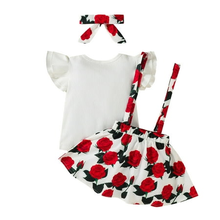 

LBECLEY Items for New Born Baby Girl Kids Girls Soild Short Sleeves Ribbed Top Flower Floral Prints Suspender Pants Hairband Clothes 3Pcs Outfits&Set Cute Top Teen Red 110