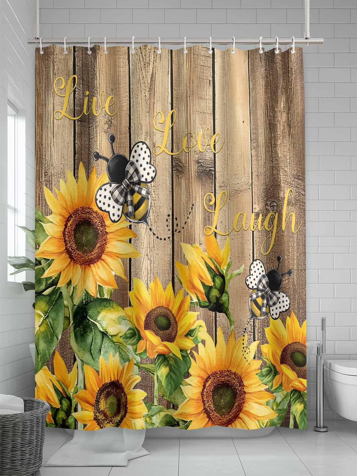 Farmhouse Sunflower Shower Curtain, Live Love Laugh Bathroom Decor Curtains Set with Hooks, Vintage Brown Wood Waterproof Fabric Home Accessories， 72 X 84 Inch Extra Long