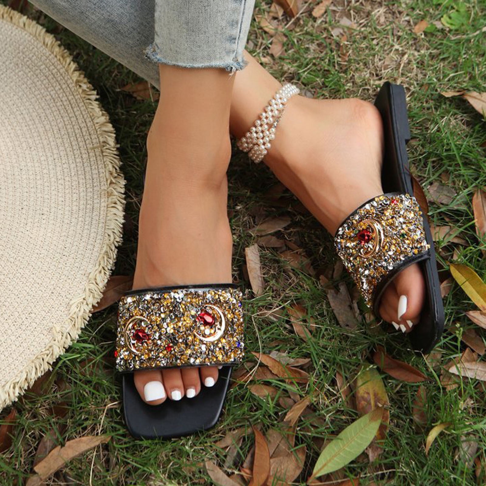 Fankiway Women S Rhinestone Metal Embellishment Glamorous Flat Sandals Womens Slippers Clearance Womens Summer Slides