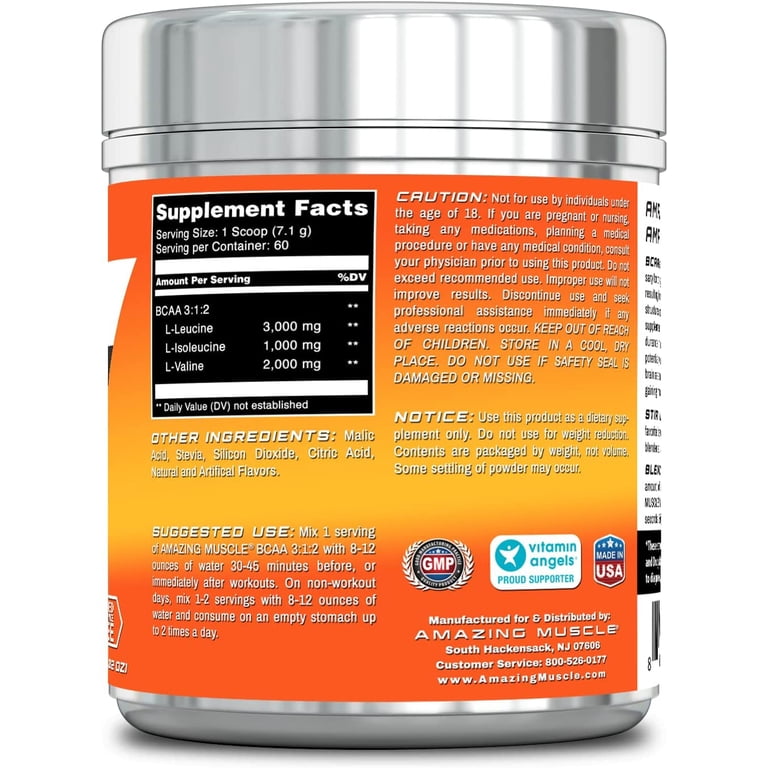 Amazing Muscle BCAA 3-1-2-60 Servings with Enhanced Chain Amino Acids Like L-Leucine, L-Valine, L-Isoleucine and More - Promotes Lean Muscle Mass