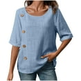 thumbnail image 2 of LADIGASU Women's Summer Imitation Cotton And Linen Round Neck Button Short Sleeved Shirt, 2 of 7