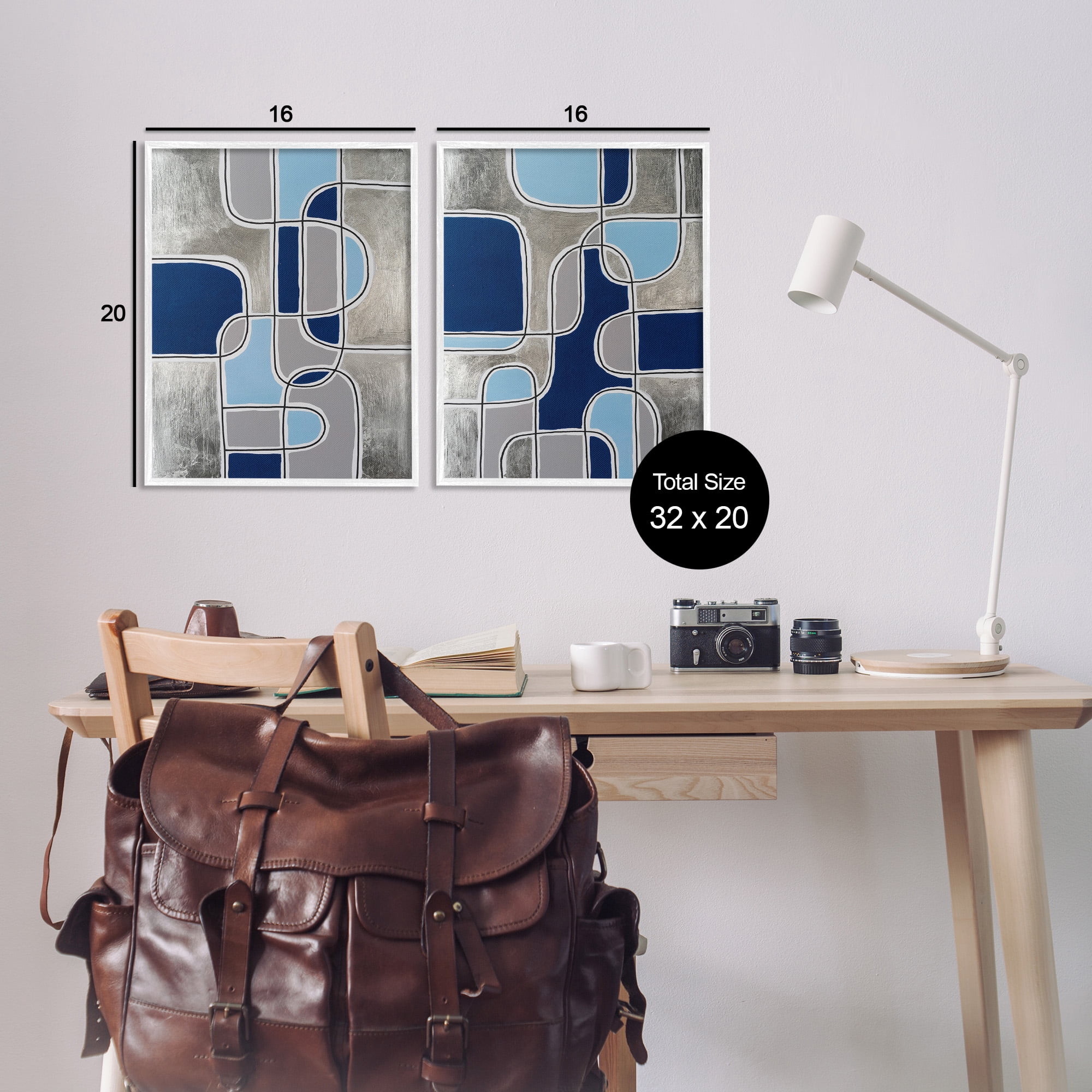 Stupell Industries Blue & Grey Geometrics Abstract Painting White Framed Art Print Wall Art, 16 x 20, Set of 2