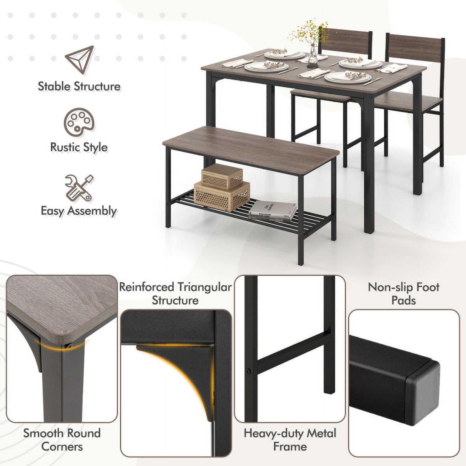 Finihen Dining Set, Dining Table Set, 4 Pieces Rustic Dining Table Set with 2 Chairs and Bench, for Home, Restaurant, Gray Finihen Dining Set, Dining Table Set, 4 Pieces Rustic Dining Table Set with 2 Chairs and Bench, for Home, Restaurant, Gray