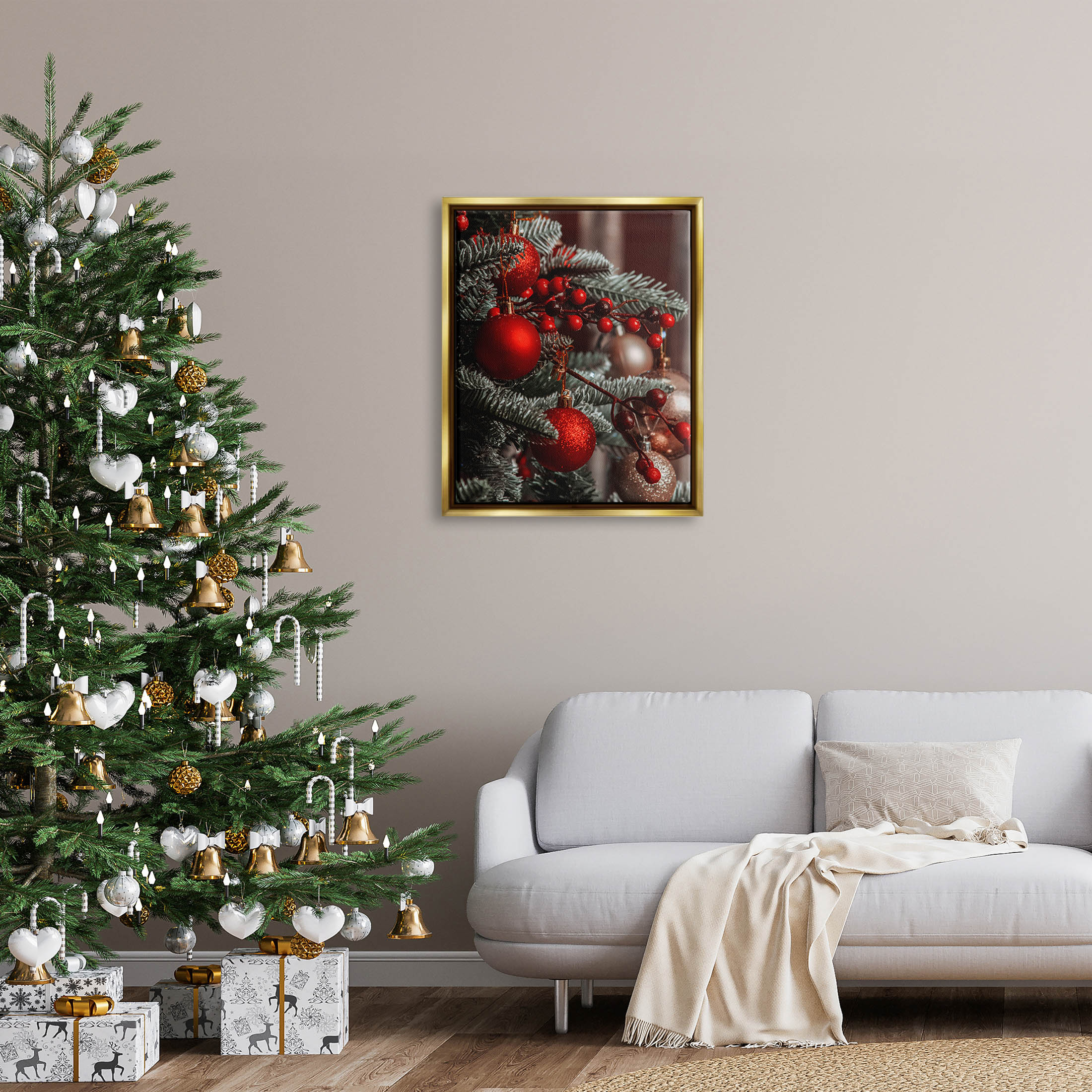 Hanging Red Ornaments Christmas Tree Holiday Photograph Metallic Gold Framed Art Print Wall Art