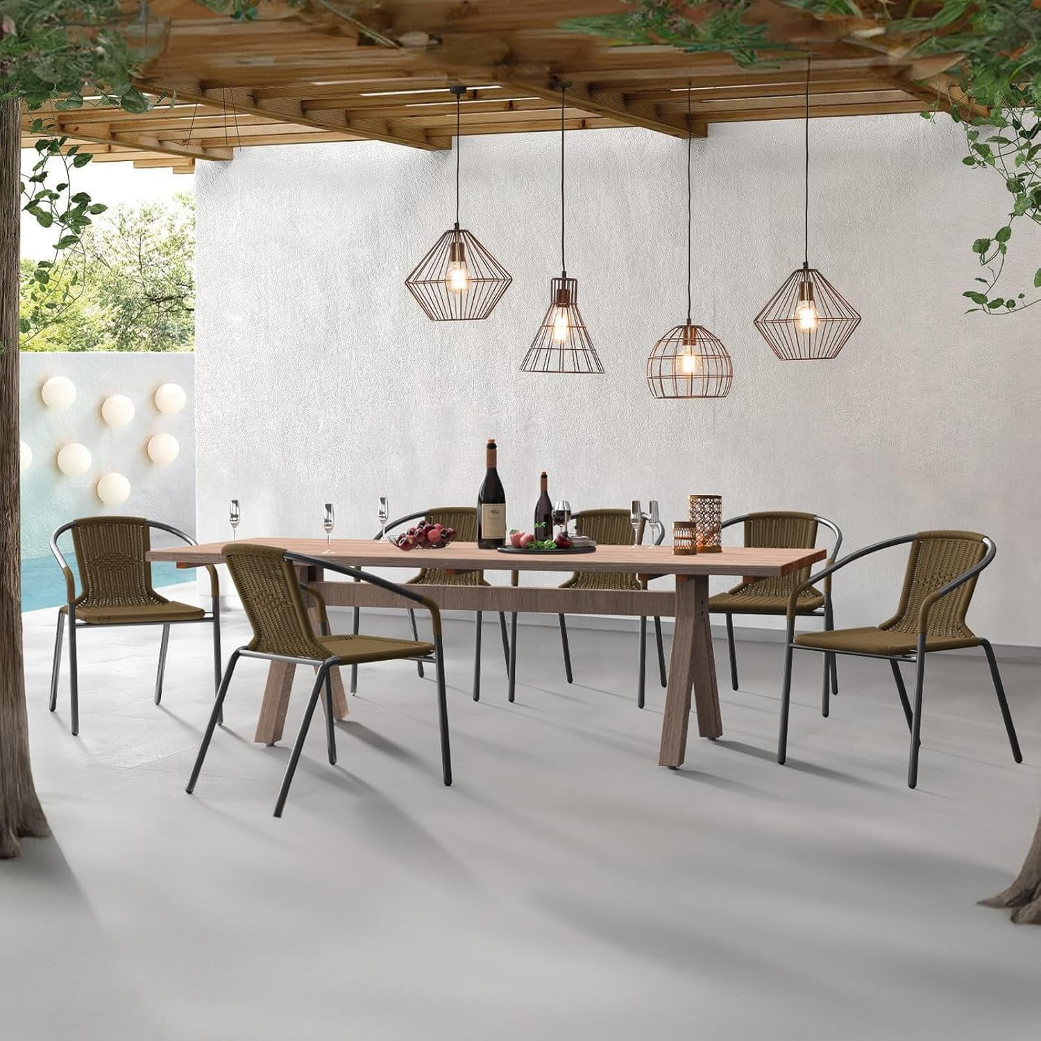 ELPOSUN Outdoor Dining Chairs Set of 4, Wicker Patio Chairs with Metal Frame, Rattan Indoor-Outdoor Chairs for Bistro, Deck, Backyard, Porch, Restaurant Stack Chair 4 Pack （Brown）
