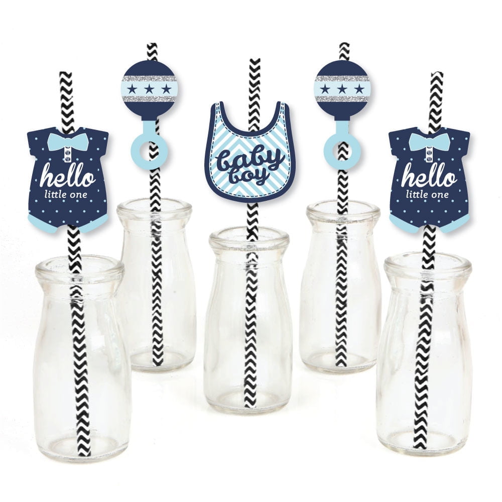 Hello Little One - Blue and Silver Paper Straw Decor - Boy Baby Shower Striped Decorative Straws - Set of 24