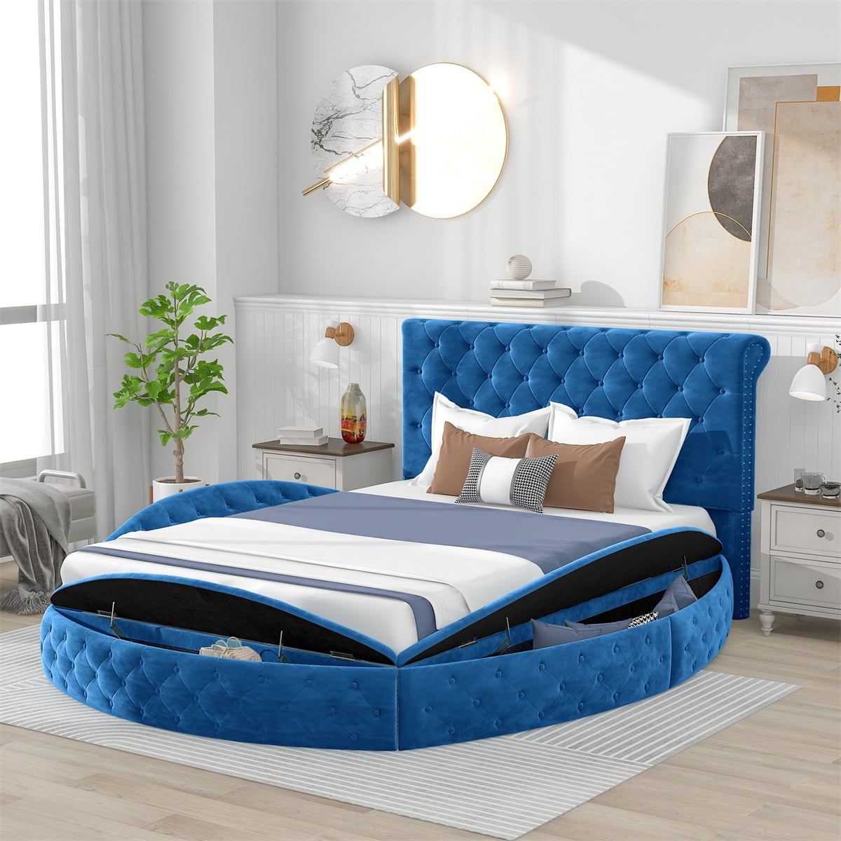 Round Shape Queen Size Platform Bed with Storage Space on 3 Sides