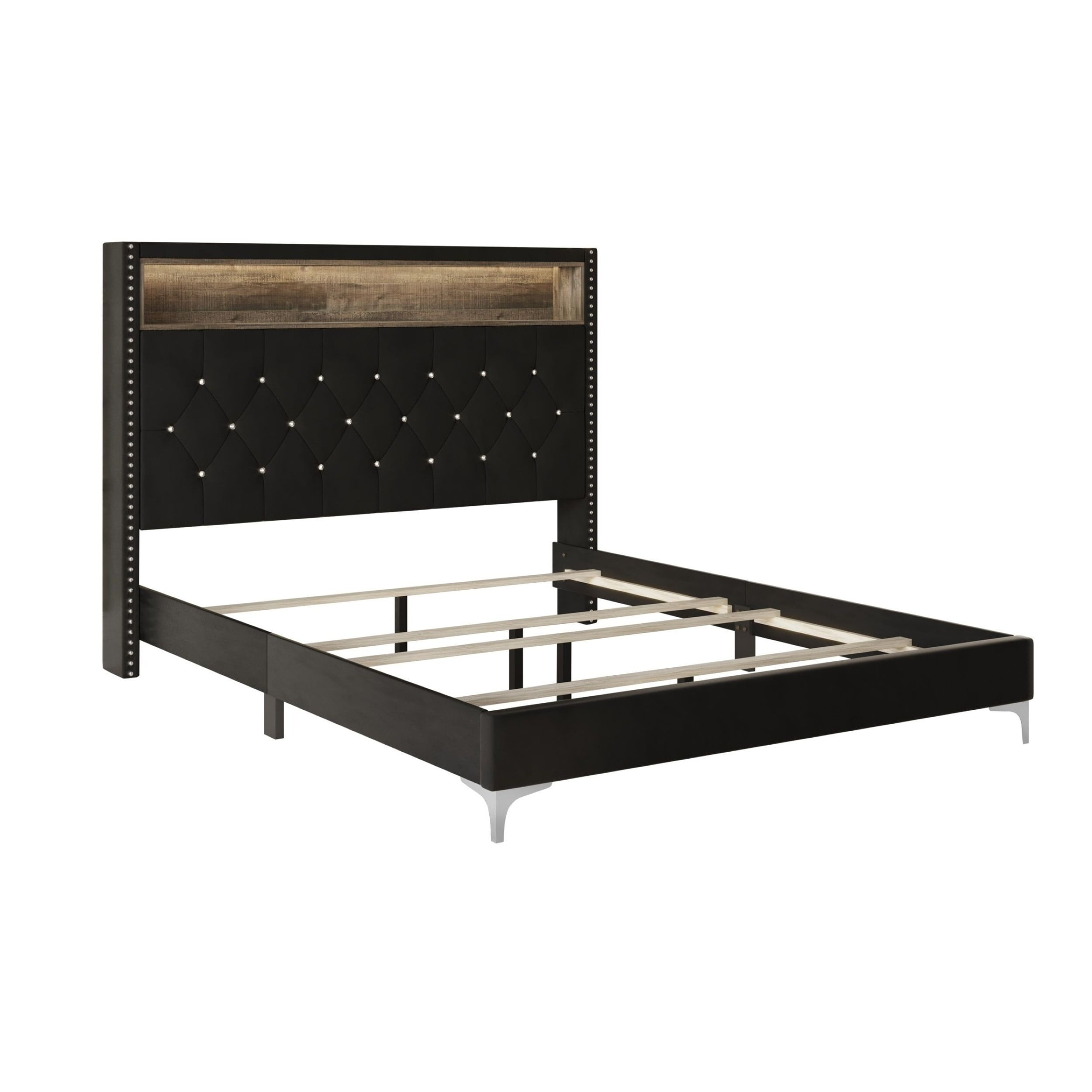 Home Design Javan King Velvet Upholstered Bookcase Panel Bed Frame for Adult, Black, Easy Assembly