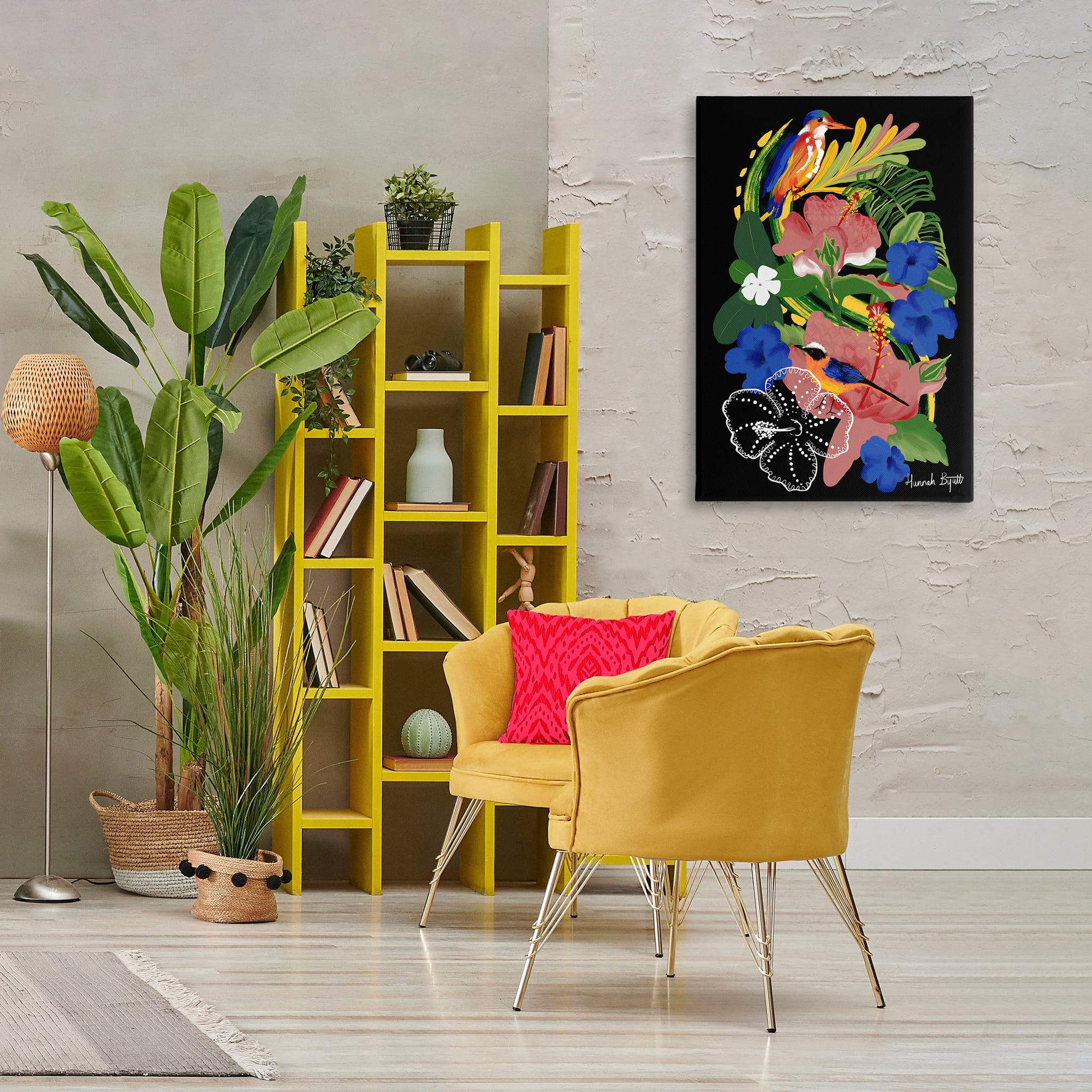 Stupell Industries Tropical Gambia Style Florals Animals Painting Wrapped Canvas Art Print Wall Art, 24 x 36