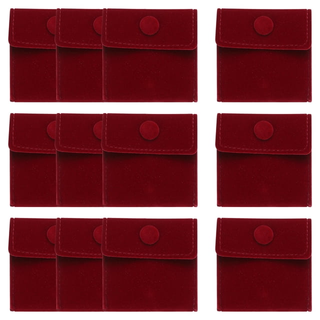 12 bolsas de joyería de terciopelo con botón a presión de 2.8x2.8 pulgadas para anillos, collares, pulseras, aretes y relojes, rojo profundo