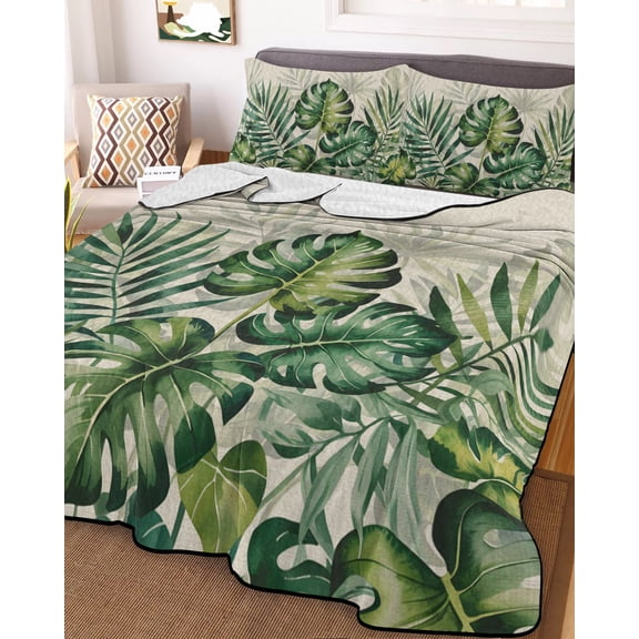 Summer Tropical Leaves King Size Down Alternative Comforter, Lightweight Comforter Quilt Bedding Set with Pillow Shams Vintage Botanical Green Palm All Seasons Bed Comforter Duvet Insert 96"x106"