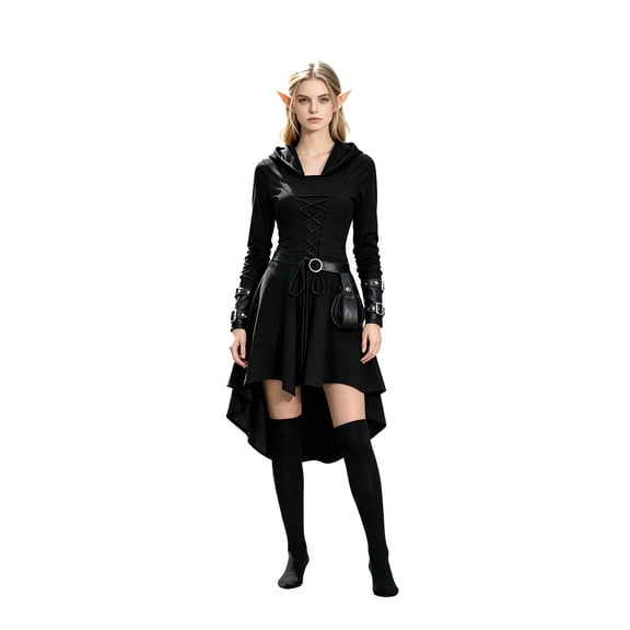 Women Renaissance Elf Style 6‑Piece Kit, Long Sleeve Hooded Vintage Dress Set, Ideal For Holiday Party, Photo Shooting & Themed Night Events