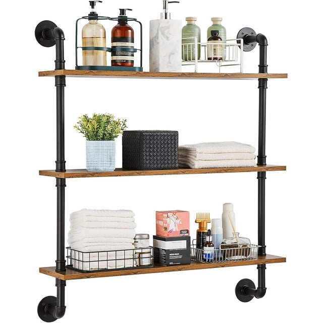 VEVOR Industrial Pipe Shelf, 3 Tier 32x7.87in, Wall-Mount Floating Rustic Wood Shelves Bracket Display Bookshelf, Storage Rack Sundries Holder for Kitchen Bedroom Bathroom Living Room, Black