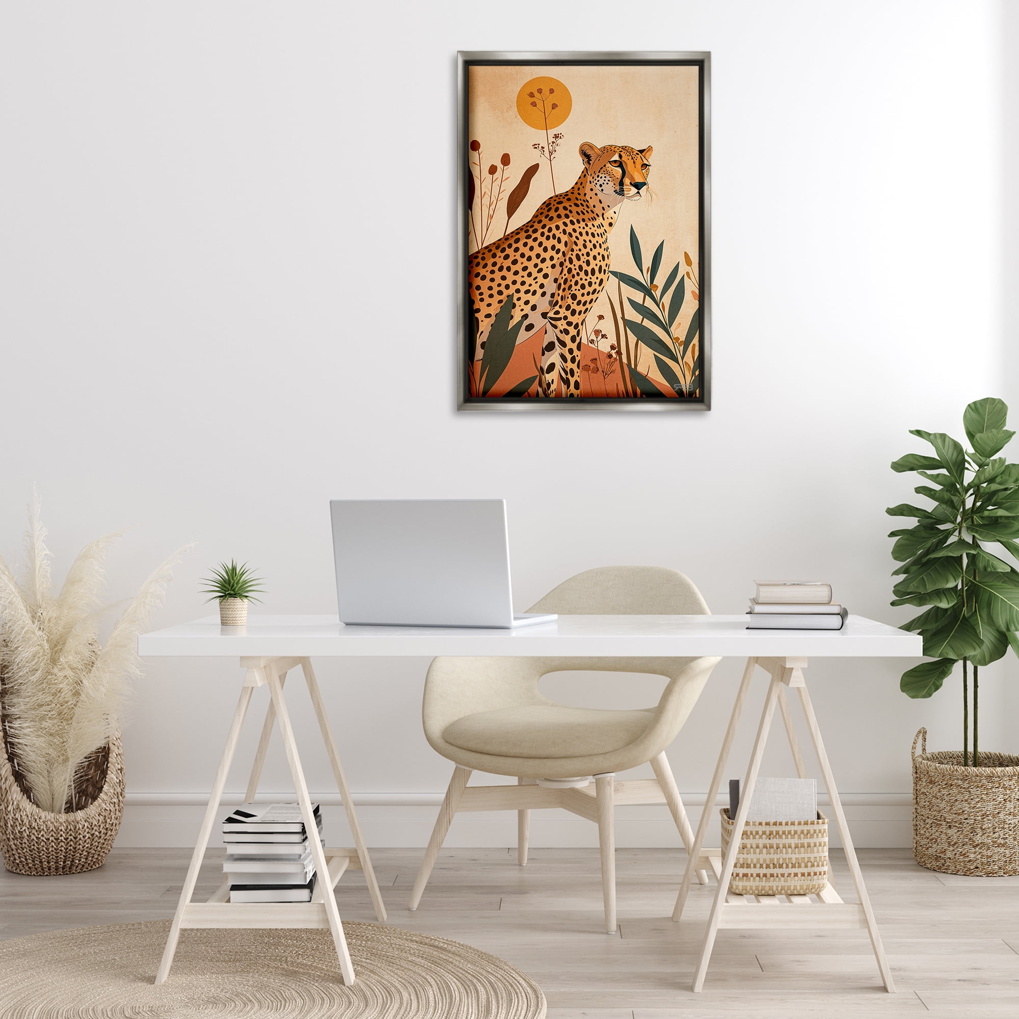 Stupell Industries Cheetah & Boho Plants Animals & Insects Painting Gray Floater Framed Canvas Art Print Wall Art, 21 x 31