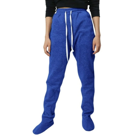 Adult Footie Pajamas Pants Checkered Fuzzy Soft Drawstring Lounge Bottoms Elastic Waist Fleece Lined Loose Fit Winter Trendy Pants with Pockets Blue L