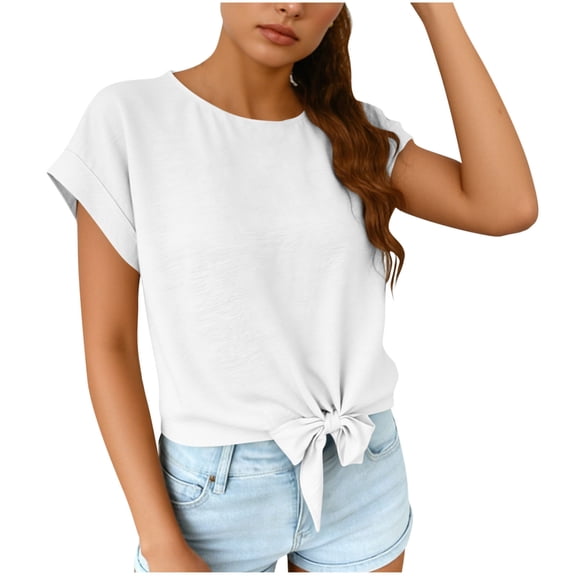 Dagugfen Summer Tops for Women Casual Tee Shirts Tie Front Short Sleeve Regular Fitted Daily Wear Fashion Shirts