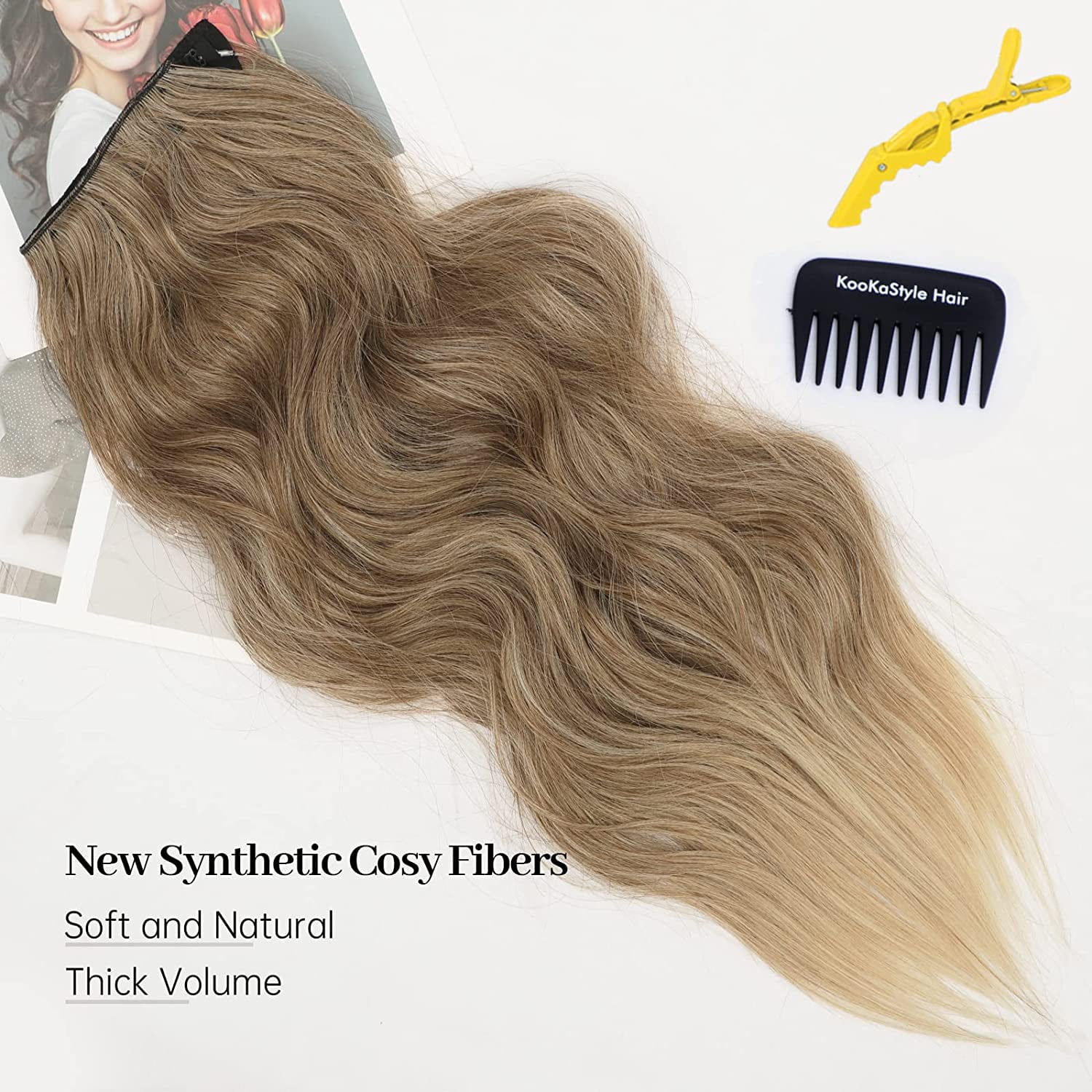 Invisible Wire Hair Extensions with Transparent Wire Adjustable Size 4 Secure Clips Long Wavy Secret Synthetic Hairpiece 24 Inch Ash Brown mix Bleach Blonde for Women