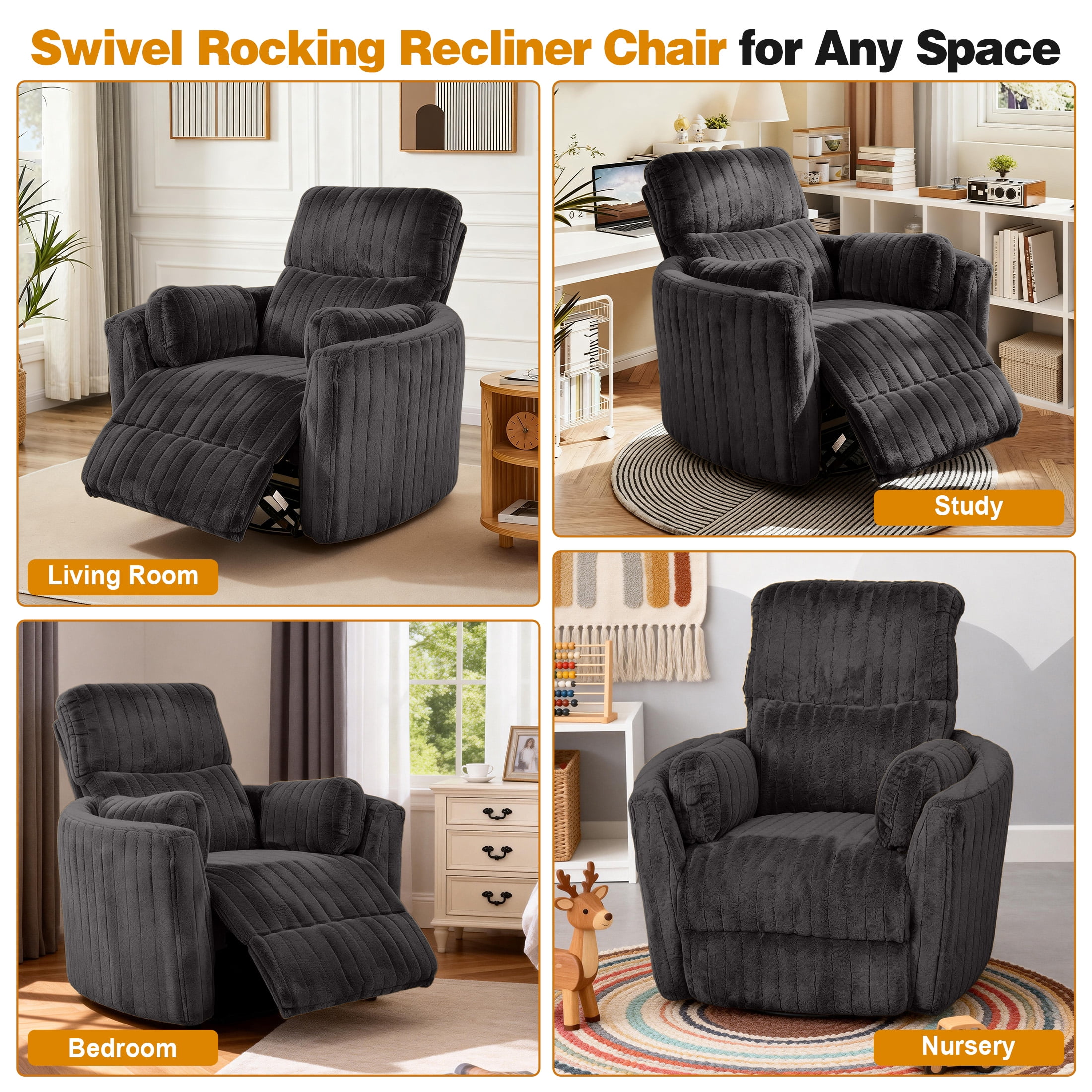 Aukfa Swivel Rocking Glider Power Recliner Chair with 24" Wide Seat & Type-C & USB Ports, Gray
