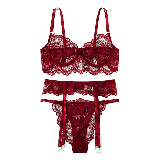 Enwejyy Womens Underwear Outftis 3 Piece Floral Lace Lingerie Set With Garter Belts Sexy Bra And