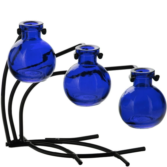 Couronne Co Casablanca Recycled Glass and Metal Glass Vases for Centerpieces, Table Top Decor Vase for Flowers - Cobalt Blue