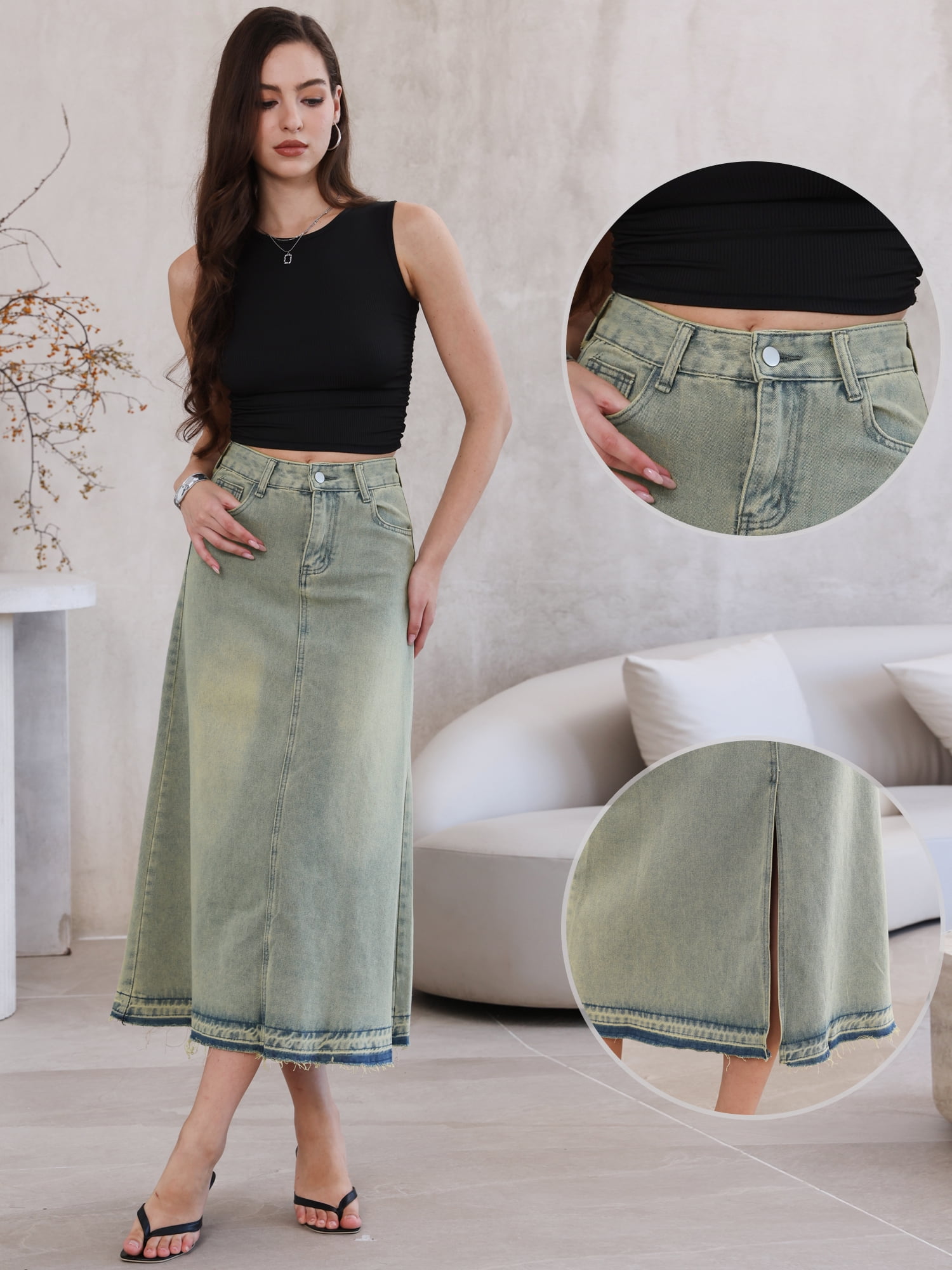 DARING DIVA Women's Wash Frayed Hem A Line Long Jean Skirt X-Small Faded Blue