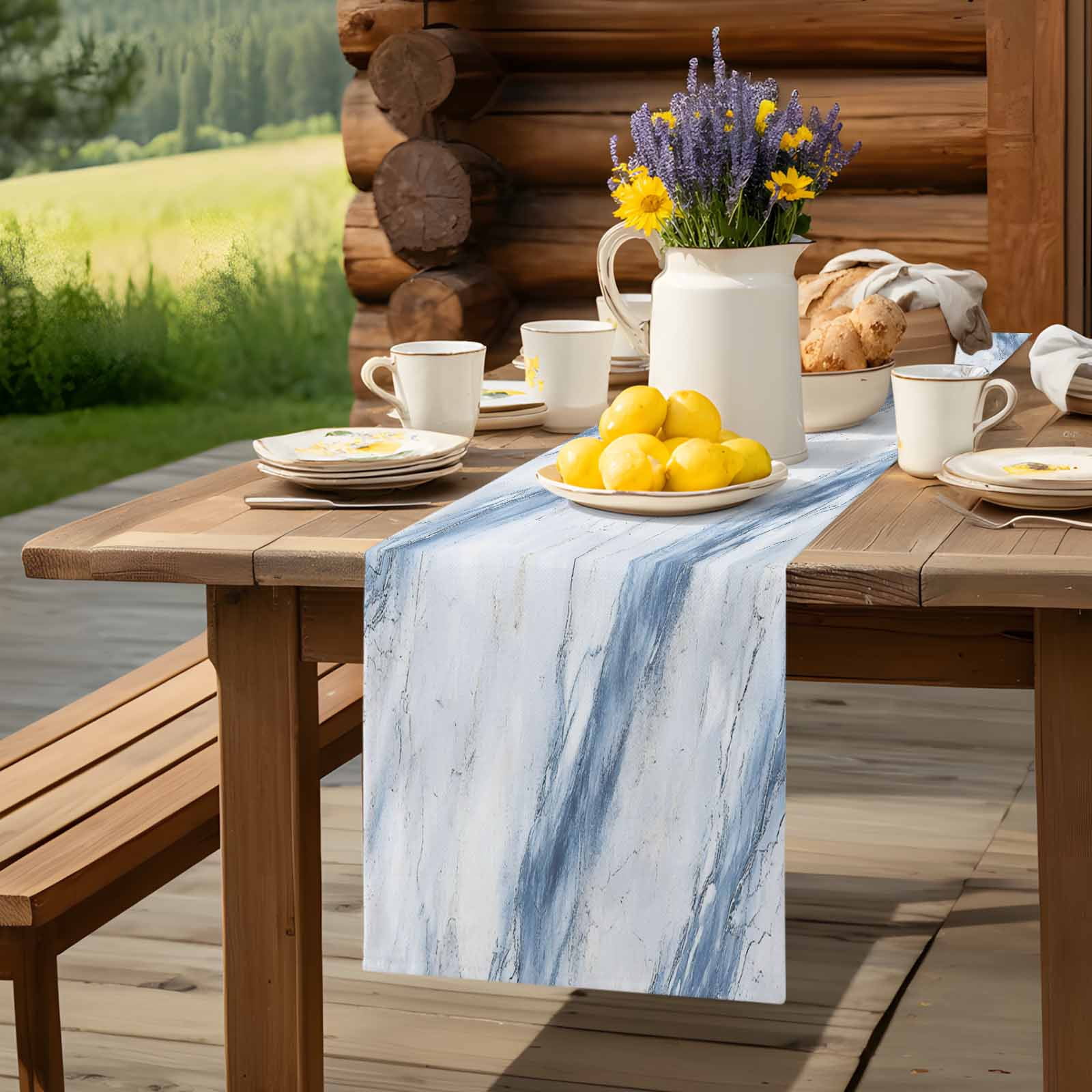 Abstract Marble Texture Table Runner 90 Inches Long, Modern Blue White Stone Art Table Runners Tabletop Scarf Kitchen Dining Tables Decoration for Home Party Indoor Outdoor