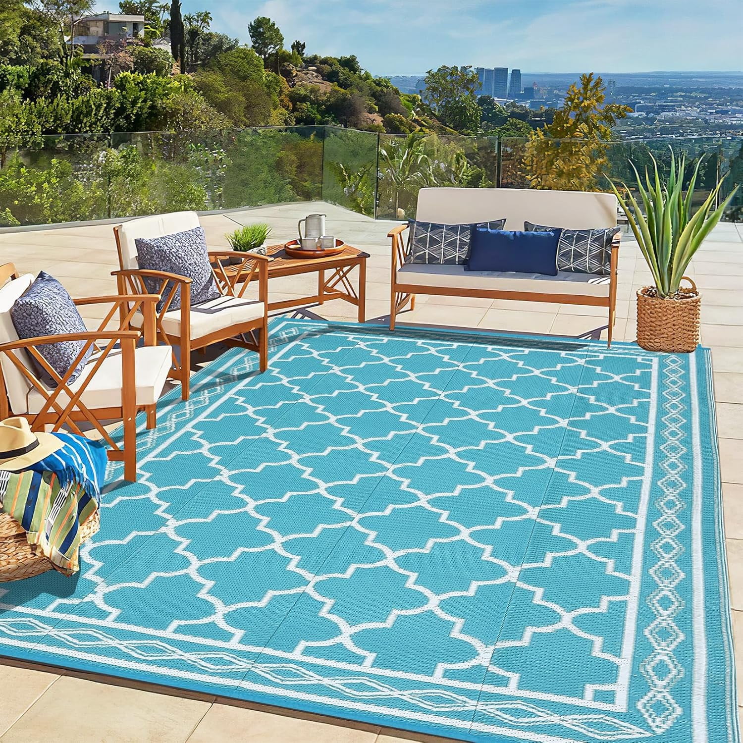 Memoryfield Waterproof Outdoor Rug 9x18ft for Patios, Plastic Straw Rug Outside Carpet Mats for Picnic, Backyard, Deck, Balcony, Porch, Beach, Light Blue & White
