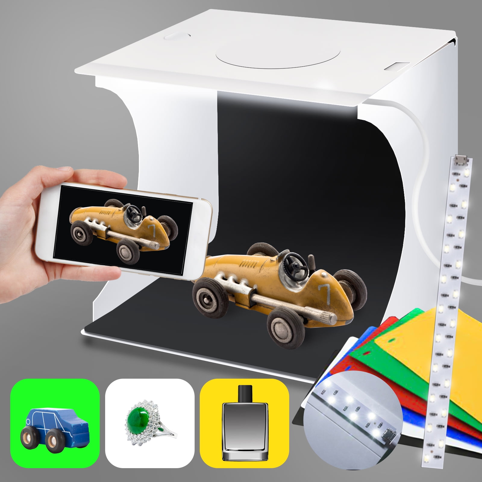 Adjustable Light Photo Studio Box, EEEKit Mini Photo Light Box, Portable Photography Lighting Softbox 6 Color Backdrop Kit with LED Light, 24cm x 23cm x 22cm