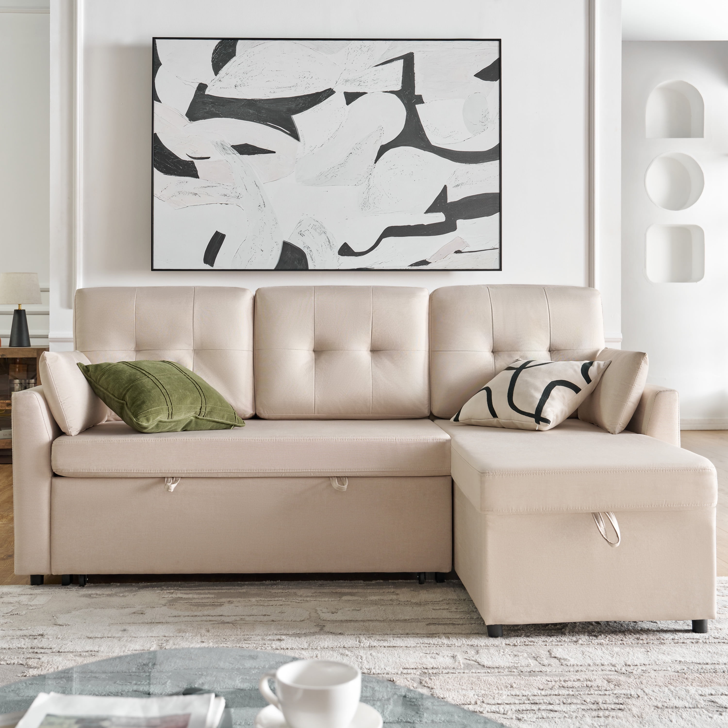 MERLUXY Sofa Bed, Reversible Pull Out Couch with Storage Chaise for living Room, 3 Seater, Beige