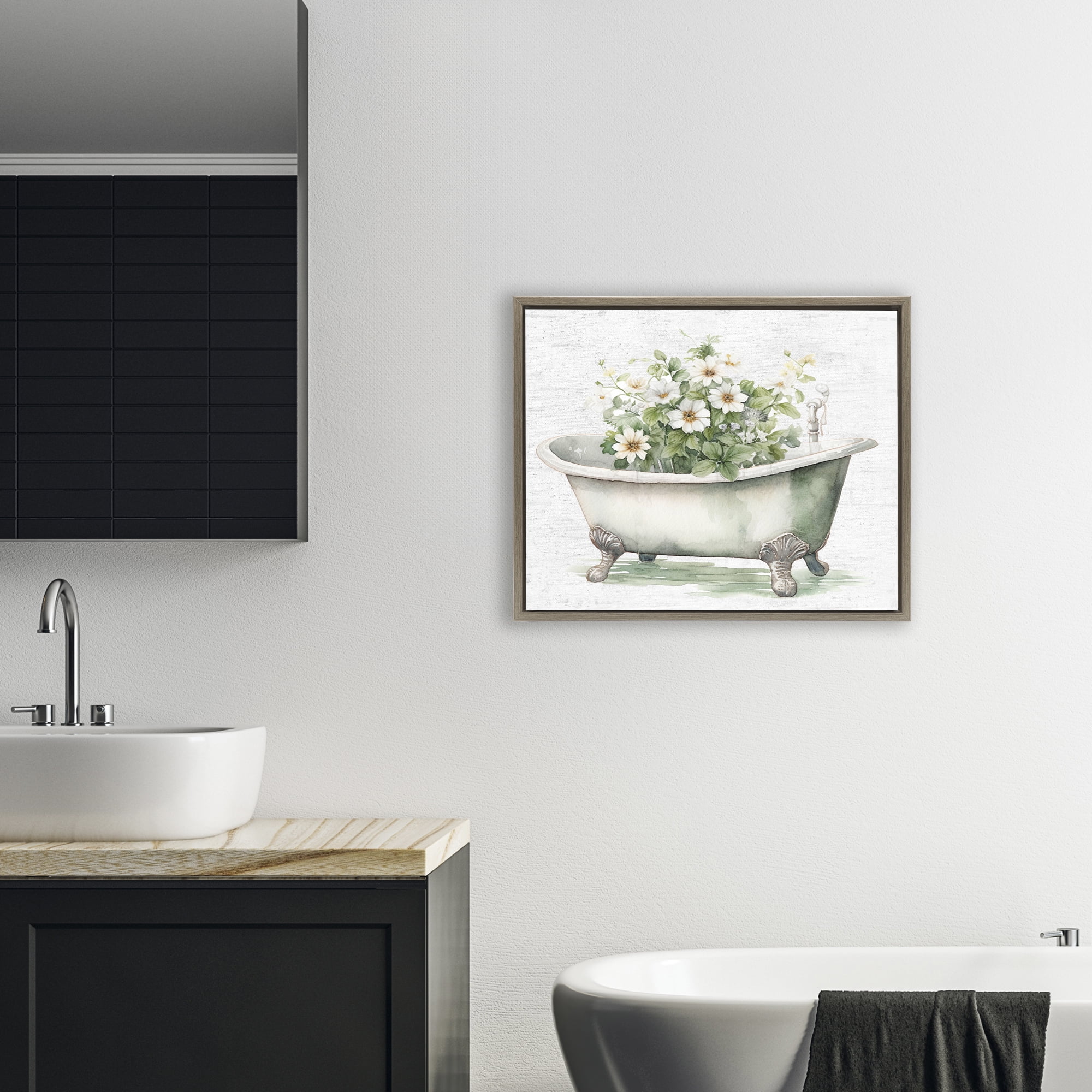 Boho Tub with Daisies Brown Framed Floater Canvas Wall Art, design by Lettered and Lined