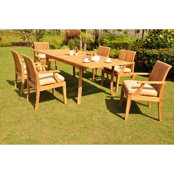 Teak Dining Set:6 Seater 7 Pc - 94" Double Extension Rectangle Table and 6 Lagos Arm / Captain Chairs Outdoor Patio Grade-A Teak Wood WholesaleTeak #WMDSLG3