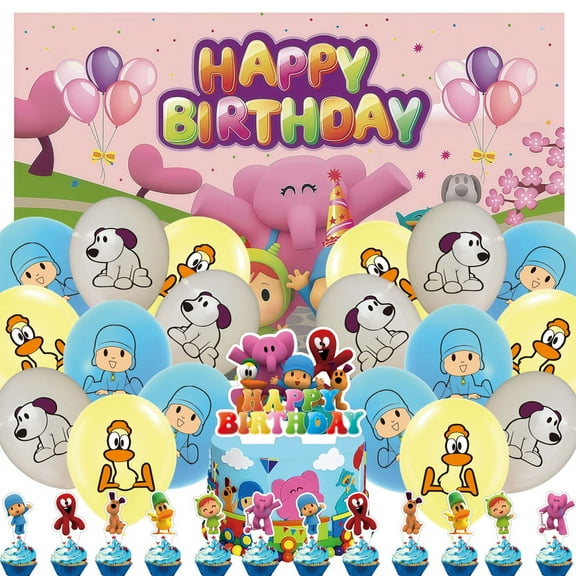 32 Pcs For Pocoyo Theme Birthday Party Supplies Party Favor Set,With 5*3ft Birthday Backdrop Decorations,13 Cupcake Toppers,18 Balloons,All in One Party Supply Set