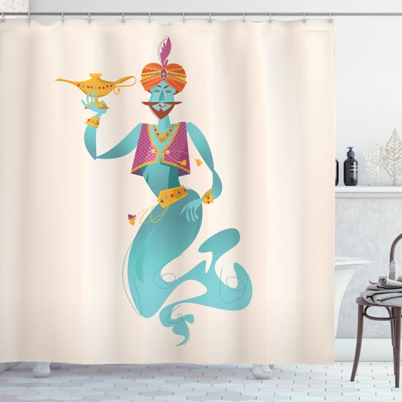 Wizard Shower Curtain, Happy Genie with a Magic Tool Wishes Coming True by a Mysterious Conjurer Legend, Fabric Bathroom Set with Hooks, 69W X 84L Inches Extra Long, Multicolor, by Ambesonne