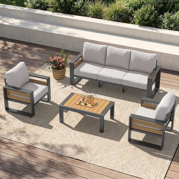 Clouddwell 4-Seats Aluminum Patio Furniture Set, Outdoor Metal Sofa Conversation Set with Coffee Table for Pool Garden Porch Backyard, Light Gray