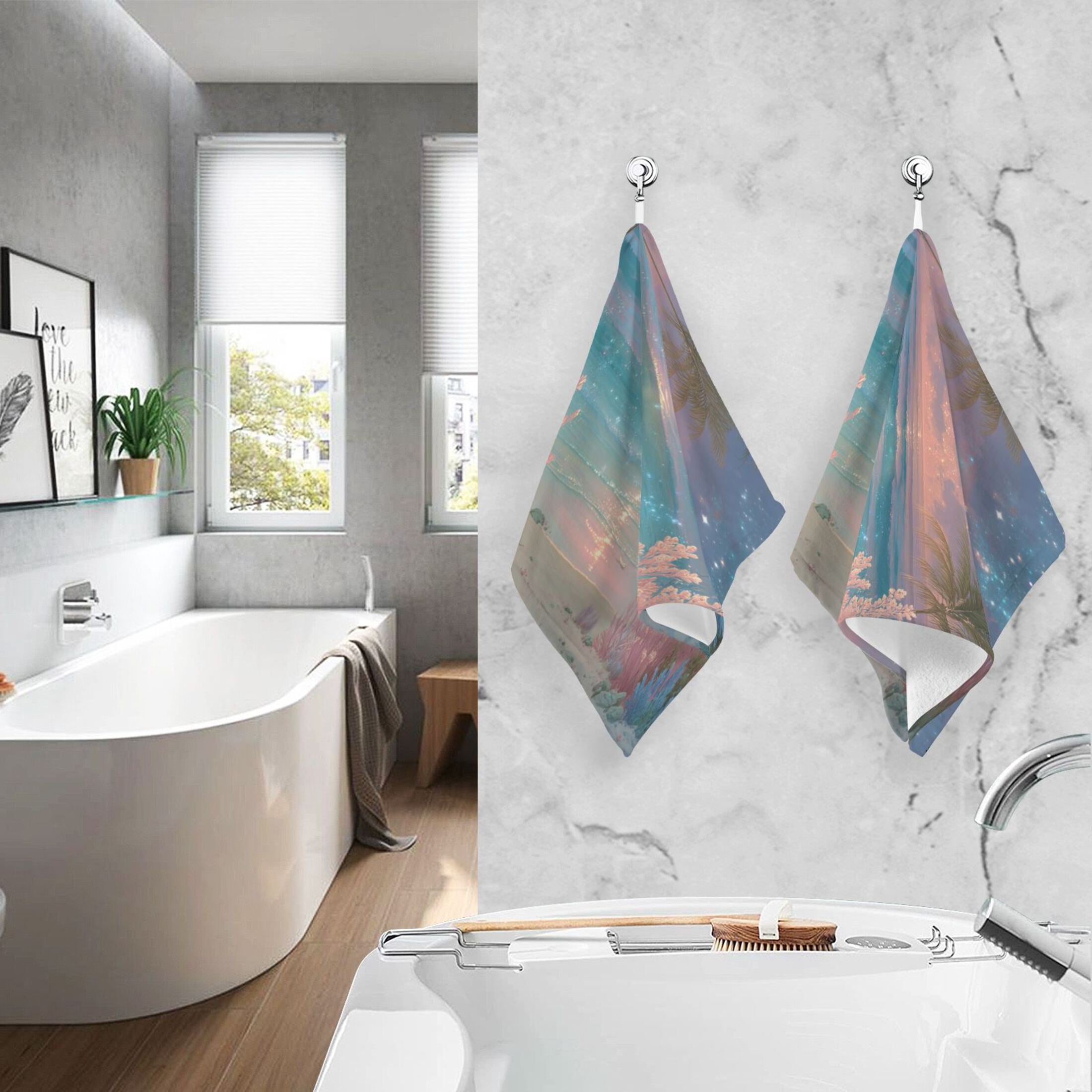2 Pieces of Cotton Towel Face Towel Set Hand Towel Bath Towel Cotton Bath Towel Sets Tropical Beach Sunset