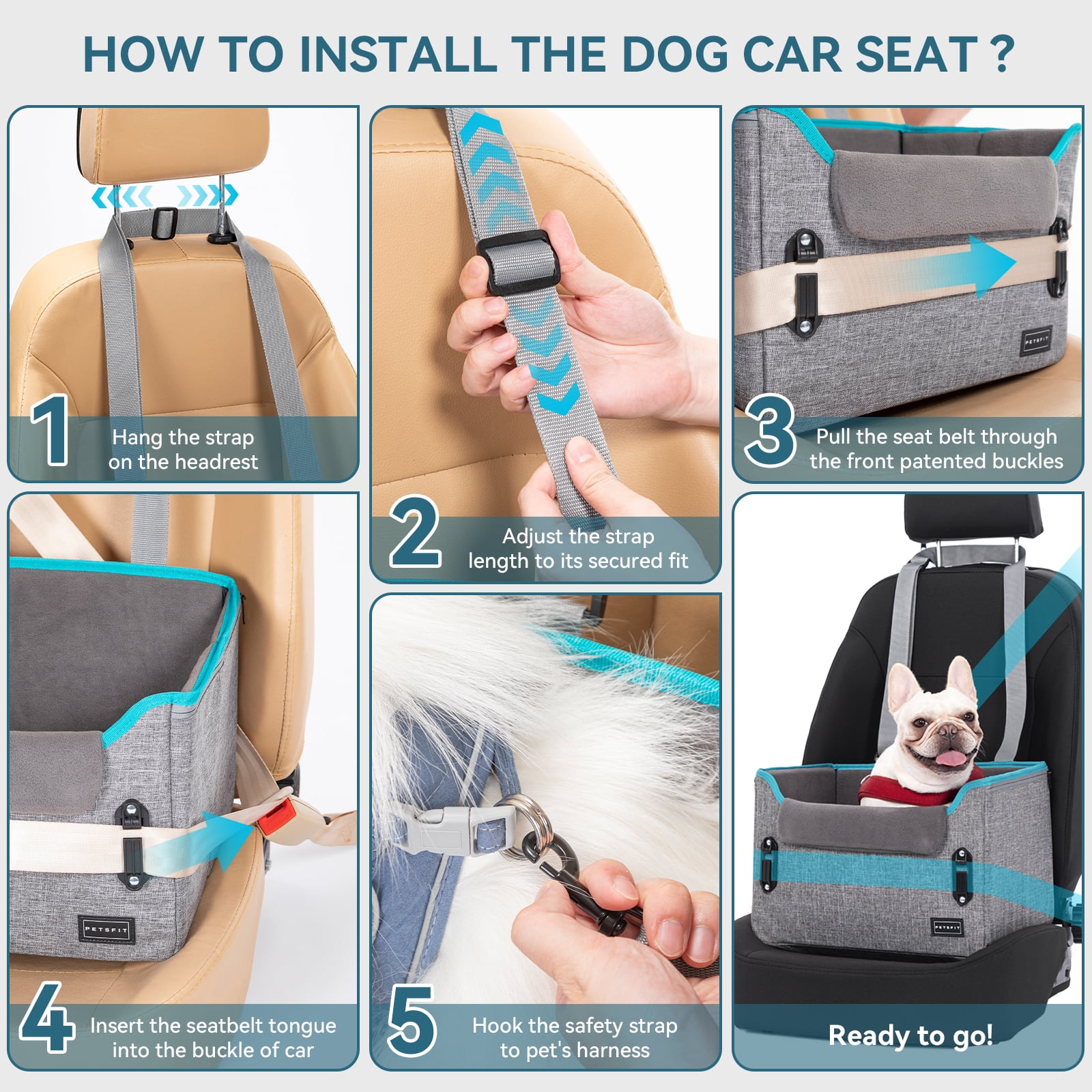 PETSFIT Dog Car Seats for Small Dogs, Portable Dog Booster Car Seat with Patent Safe Buckles,Pets Up to 25lbs ,Grey