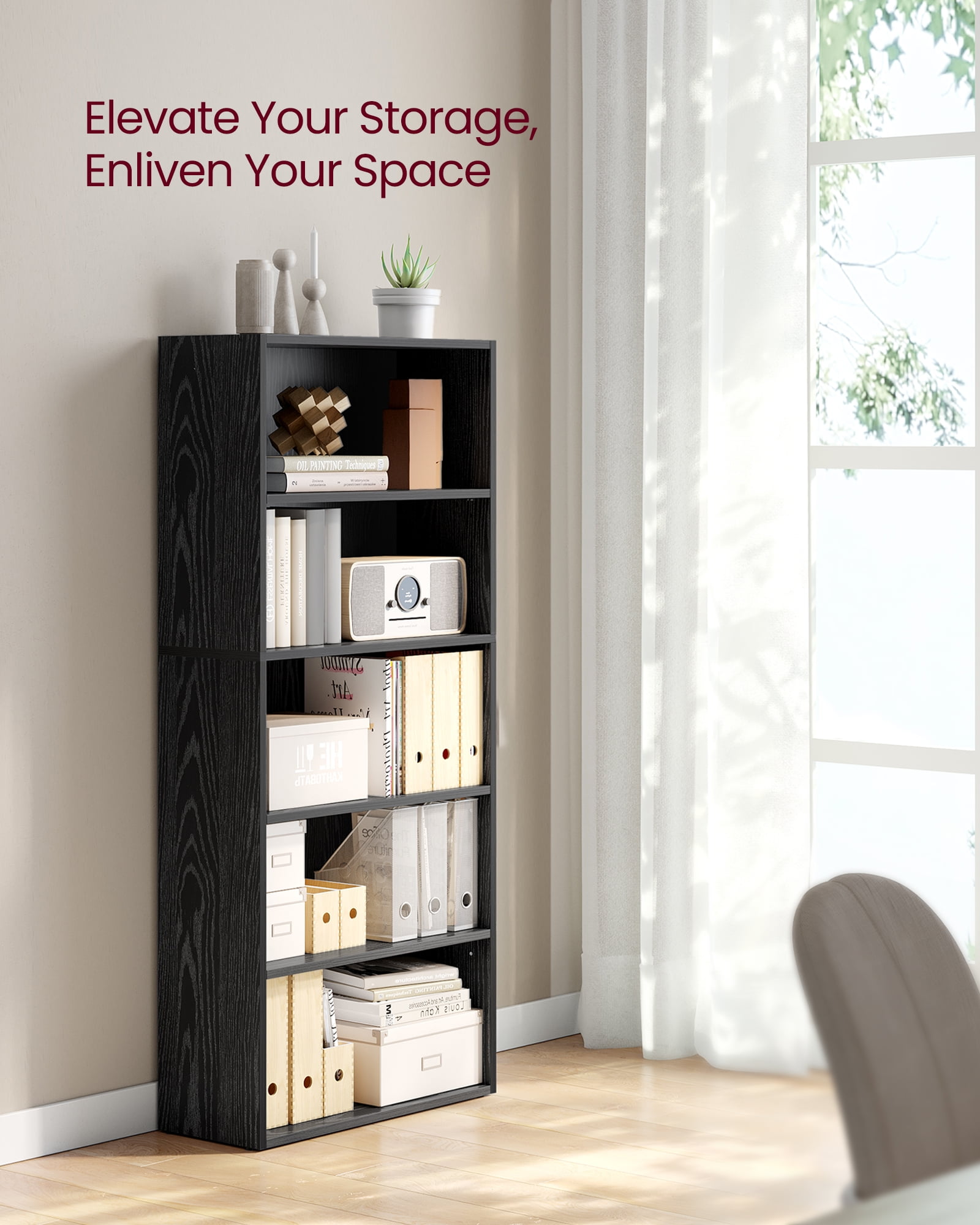5 Tier Open Modern Standard Bookcase, Particleboard Black, 52.7"