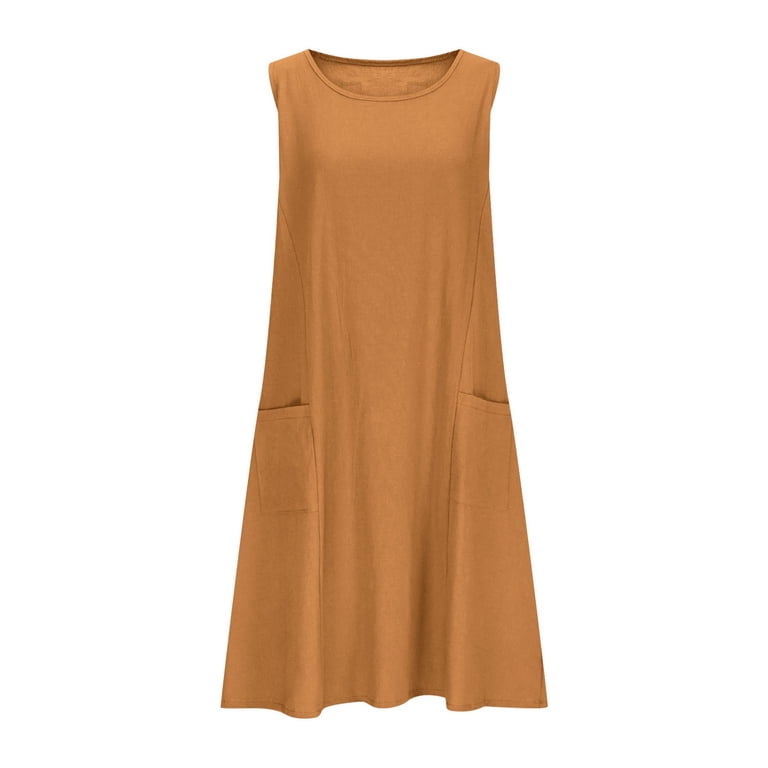 AherBiu Sundresses for Women Cotton Linen Crewneck A-Line Casual Loose  Summer Dresses Sleeveless Short Dress with Pockets