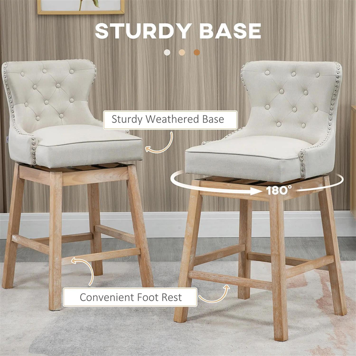 Demi Bonn Modern Memory Swivel Bar Stool Set of 4, Cushioned Bar 30" Seat Height Stool with Tufted Back, Nailhead-Trim and Solid Wood Legs, White