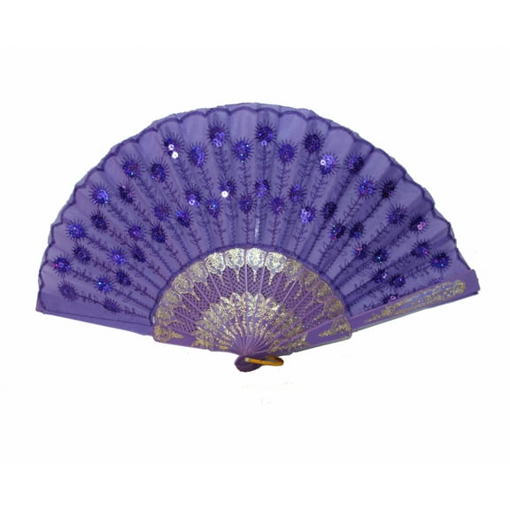 Colorful Peacock Pattern Sequin Fabric Hand Fan-purple